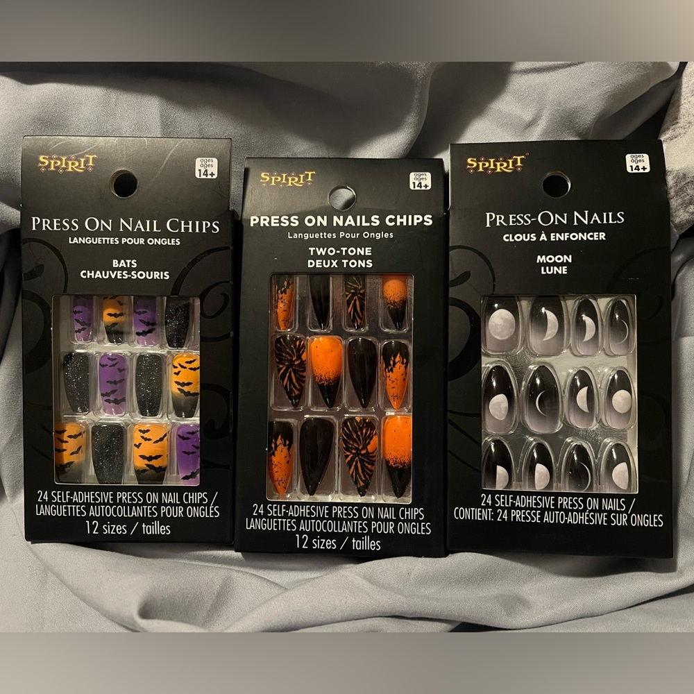 Spirit Halloween Press-On Nails 3 Packs (Bats, Moon, Two-Tone) NEW
